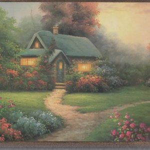 Vintage Cottage Country Lanes Print on Beveled Edge Wood 12" x 9" x .5"